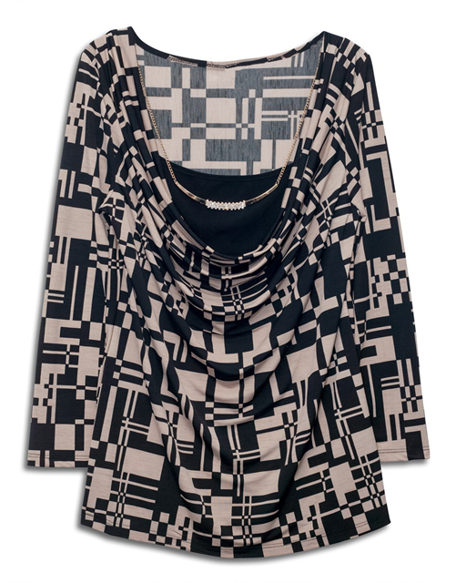 Plus size Layered Long Sleeve Top With Necklace Detail Abstract Print Taupe Photo 1