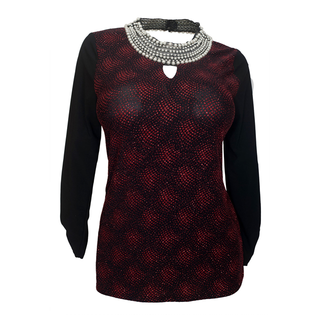 Plus Size Faux Pearl Long Sleeve Top Red Glitter Photo 1