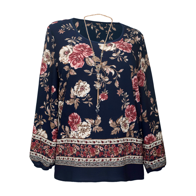Plus Size Long Sleeve Top Navy Floral Print Photo 1