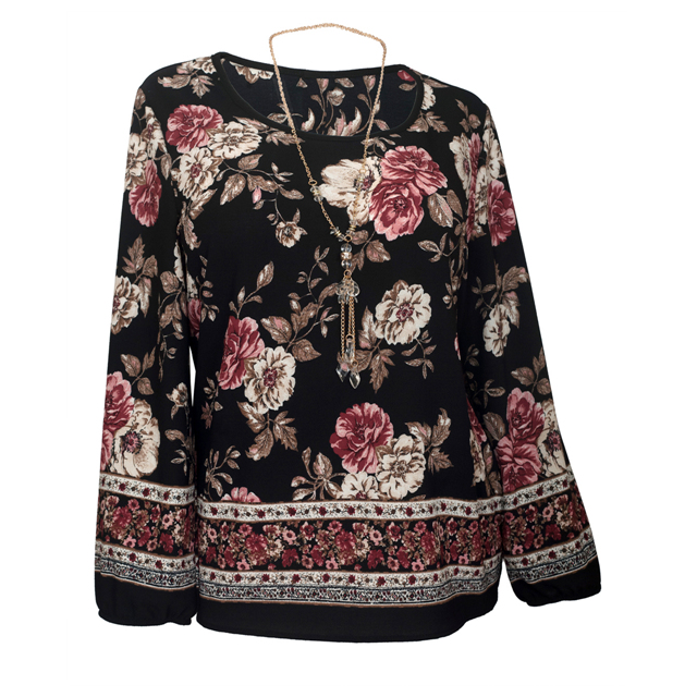 Plus Size Long Sleeve Top Black Floral Print Photo 1