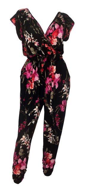 Plus Size Deep V-Neck Jumpsuit Black Floral Print 191123B Photo 1