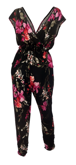 Plus Size Deep V-Neck Jumpsuit Black Floral Print 191123B Photo 2