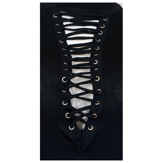 Women's Mock Neck Lace Up Long Sleeve Top Black Photo 2