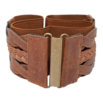 Braided Elastic Leatherette Fashion Belt Brown