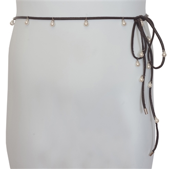 Plus Size Pearl Detail Faux Leather Waist String Belt Brown