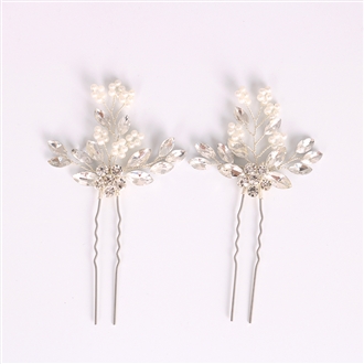 Bridal Prom Handmade Flower Hair Side Comb Accessory Rhinestone Headpiece Silver [Two Pieces] 181142