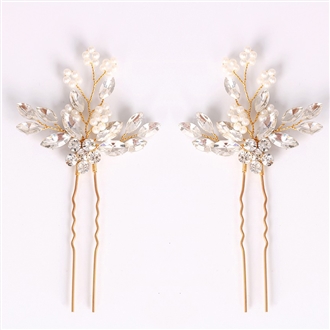 Bridal Prom Handmade Flower Hair Side Comb Accessory Rhinestone Headpiece Gold [Two Pieces] 181142