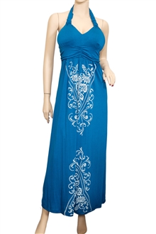 Plus Size Royal Blue Embroidery Print Maxi Halter Neck Cocktail Dress