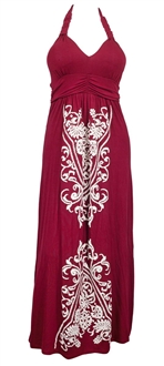 Plus Size Embroidery Print Maxi Halter Neck Cocktail Dress Burgundy
