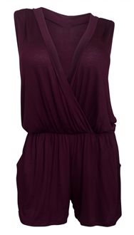 Plus size Deep V-Neck Sleeveless Romper Wine