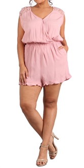 Women's Lace Shoulder Relaxed Fit Romper Blush