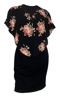 Women's Lace up Layered Poncho Dress Floral Print Black 1761