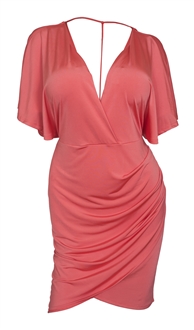 Plus size Deep V-Neck Wrap Bodice Dress Coral 18528