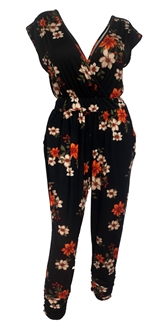 Plus Size Deep V-Neck Jumpsuit Black Floral Print 19713