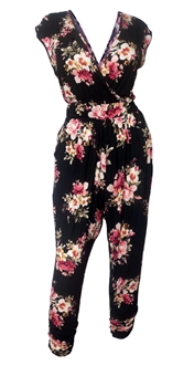 Plus Size Deep V-Neck Jumpsuit Black Floral Print 191123B