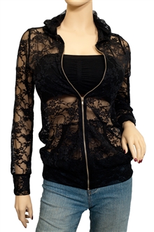 Jr Plus Size Lace Zipper Front Hoodie Top Black