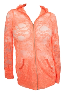 Plus Size Lace Zipper Front Hoodie Top Coral