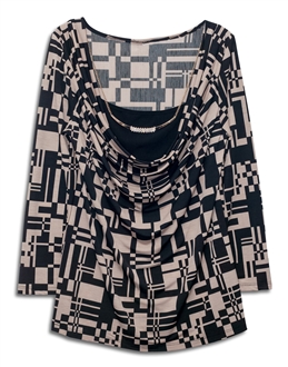 Plus size Layered Long Sleeve Top With Necklace Detail Abstract Print Taupe