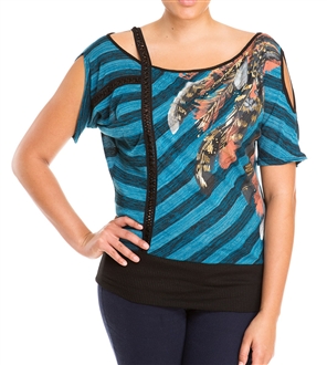 Plus Size Designer Print Off Shoulder Top Teal