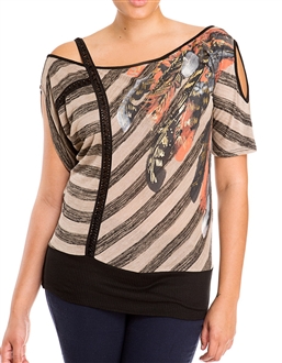 Plus Size Designer Print Off Shoulder Top Taupe