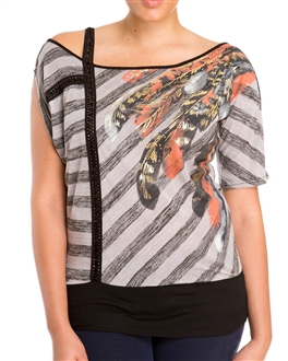 Plus Size Designer Print Off Shoulder Top Gray