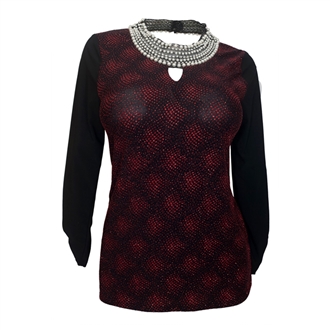 Plus Size Faux Pearl Long Sleeve Top Red Glitter
