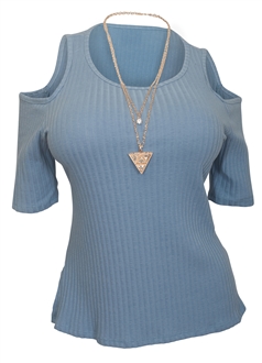 Plus Size Ribbed Off Shoulder Round Neck Top Blue