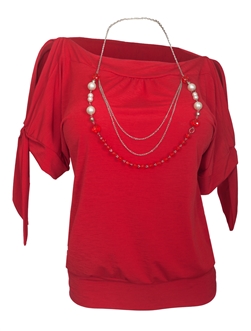 Women's Cold Shoulder Top with Necklace Detail Red