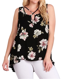 Women's Crossed Detail Top Black Floral Print