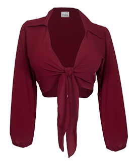 Plus Size Front Tie Off Long Sleeve Cropped Chiffon Blouse Burgundy