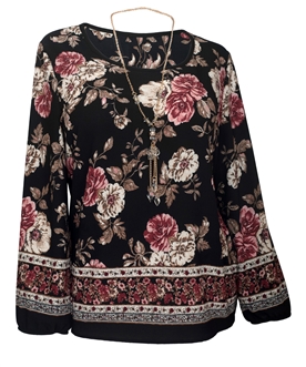 Plus Size Long Sleeve Top Black Floral Print