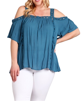 Plus Size Cold Shoulder Square Neck Top Teal 18219