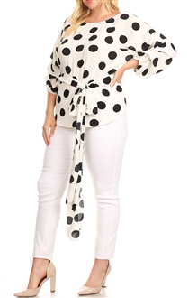 Plus Size Round Neck Chiffon Wrap Back Top Polka Dot Print White