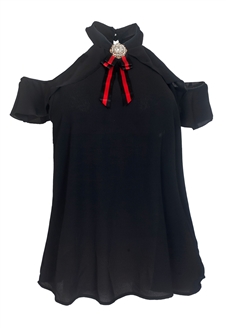 Plus Size Ribbon Pendant Accented Cold Shoulder Top Black