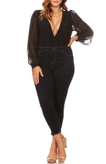 Plus Size Long Bubble Sleeve V-Neck Bodysuit Black