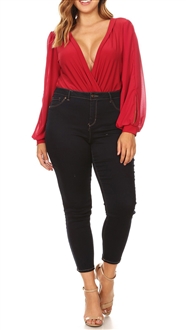 Plus Size Long Bubble Sleeve V-Neck Bodysuit Red