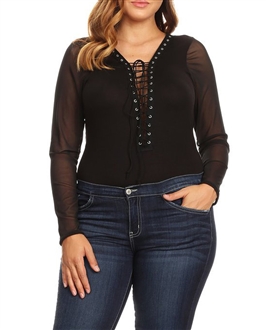 Plus Size Lace Up Sheer Mesh Sleeve Bodysuit Black