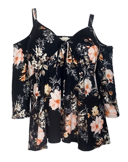 Plus Size Cold Shoulder V-Neck Top Black Floral Print