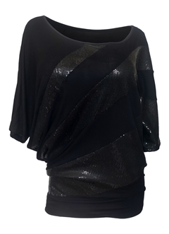 Plus size Sequin Detail Diagonal Hem Scoop Neck Top Black 191027