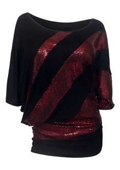 Plus size Sequin Detail Diagonal Hem Scoop Neck Top Red 191027