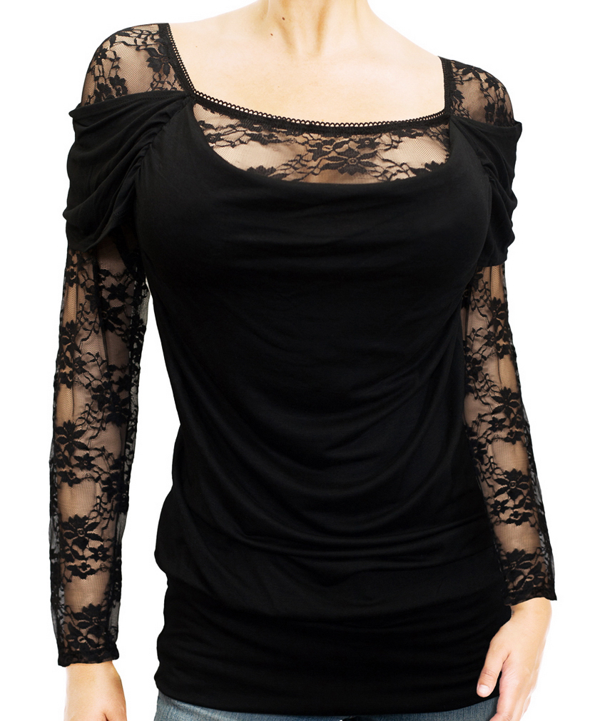 Plus size Floral Lace Sleeve Top Black Photo 1