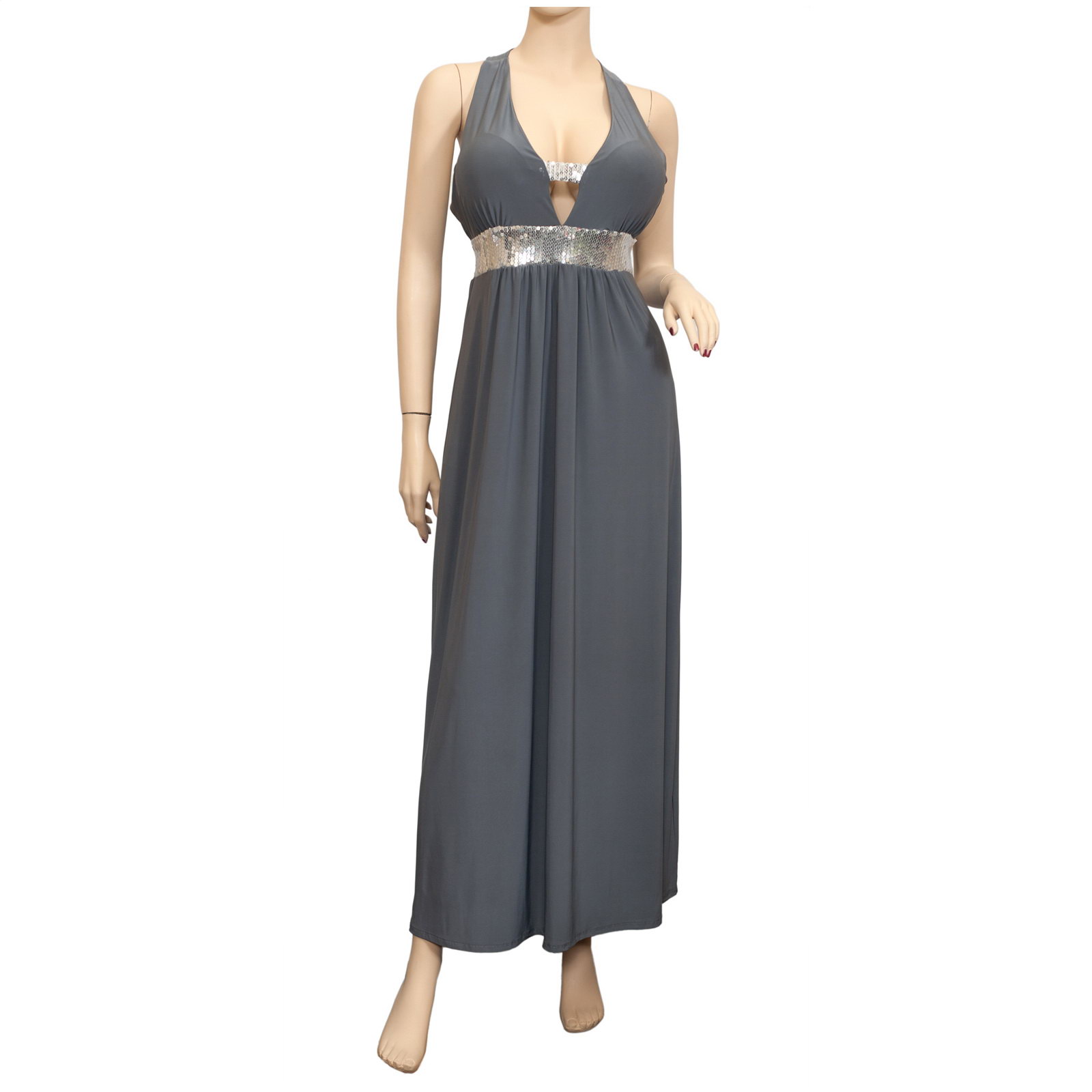 Plus Size Low Cut V-Neck Empire Waist Maxi Dress Gray | eVogues Apparel