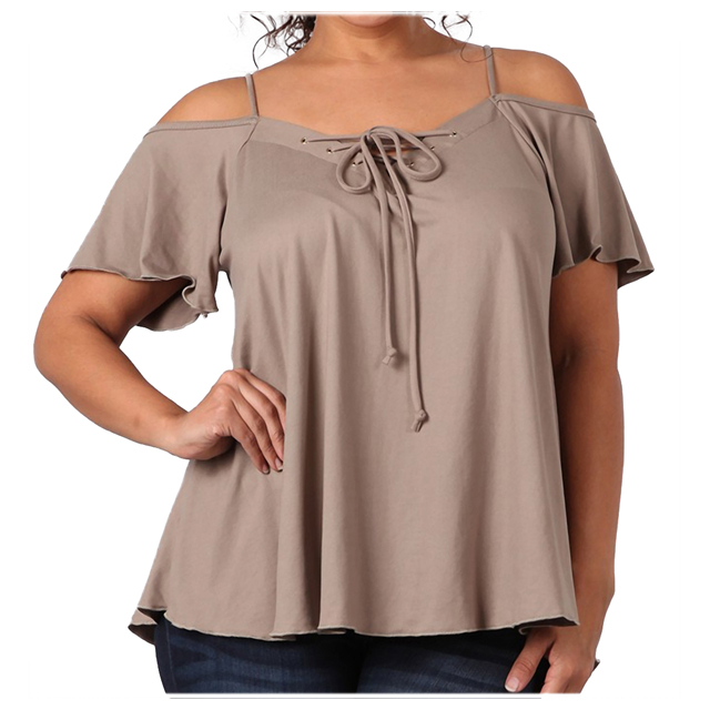 Women's Lace Up Cold Shoulder Top Taupe 17117 Photo 1