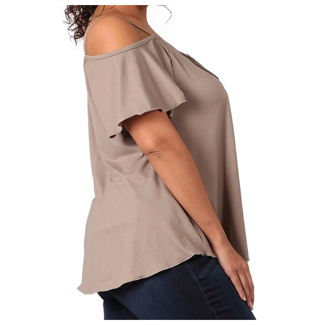 Women's Lace Up Cold Shoulder Top Taupe 17117 Photo 2