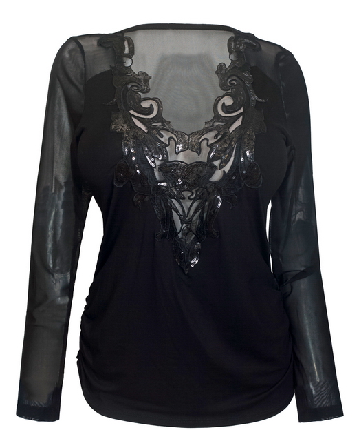 Plus Size Mesh Yoke Sequin Detail Long Sleeve Top Black Photo 1