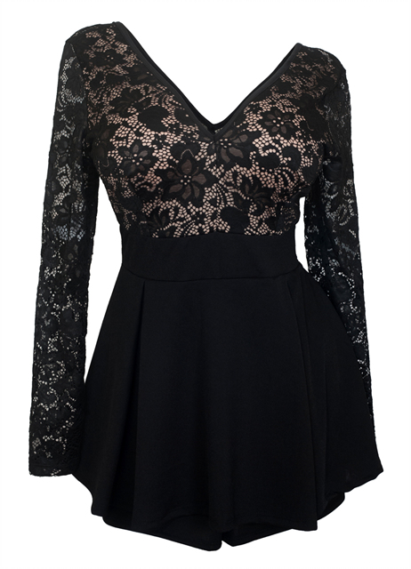 Plus size Lace Overlay Romper Dress Black Photo 1