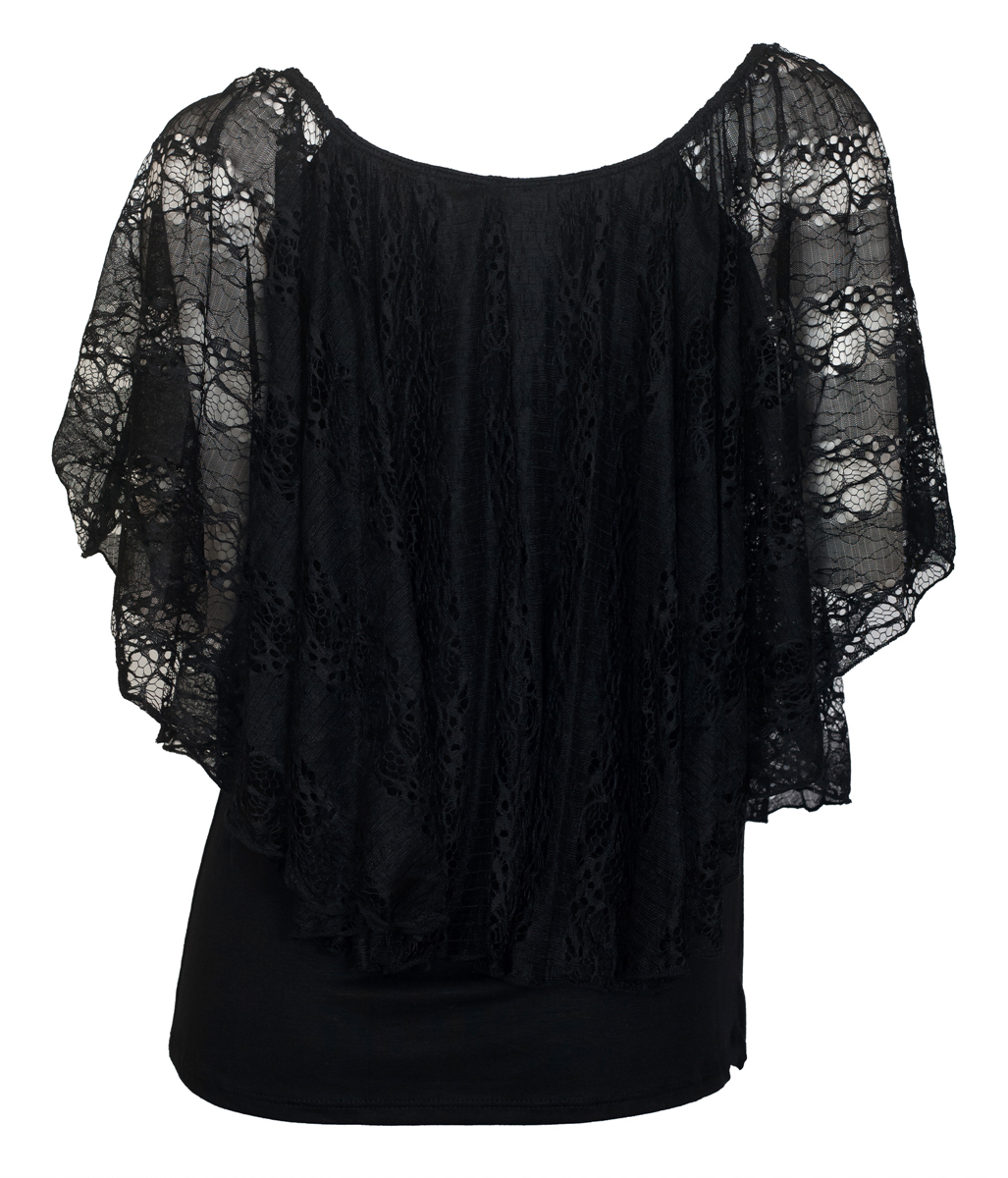 Plus Size Lined Sheer Lace Poncho Top Black | eVogues Apparel
