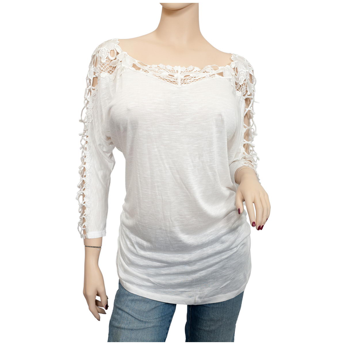 Plus Size Sexy Lace Accented Long Sleeve Top White | eVogues Apparel