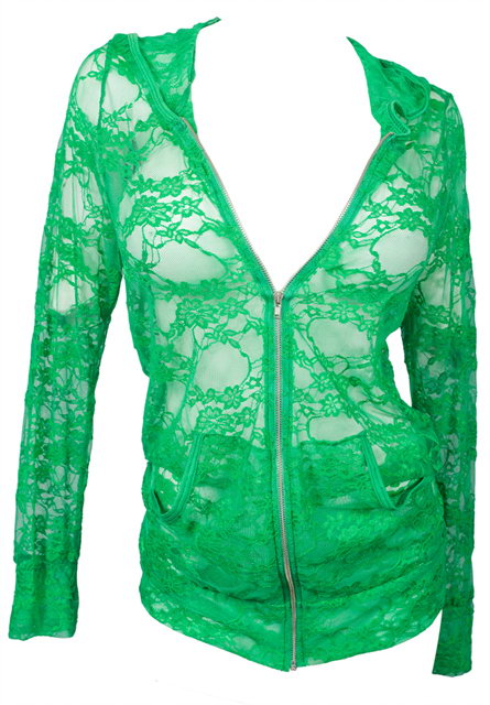 Plus Size Lace Zipper Front Hoodie Top Green Photo 1