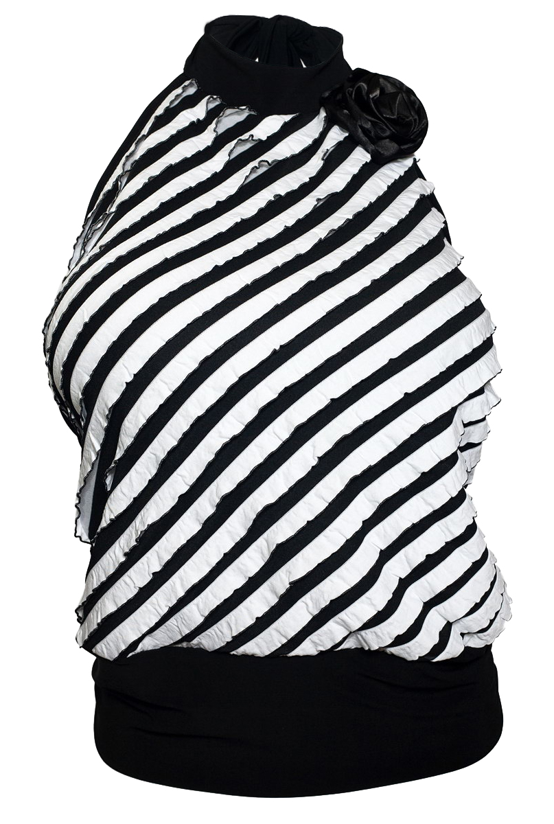 Plus size Ruffled Stripe Halter Top with Corsage Detail Black | eVogues ...